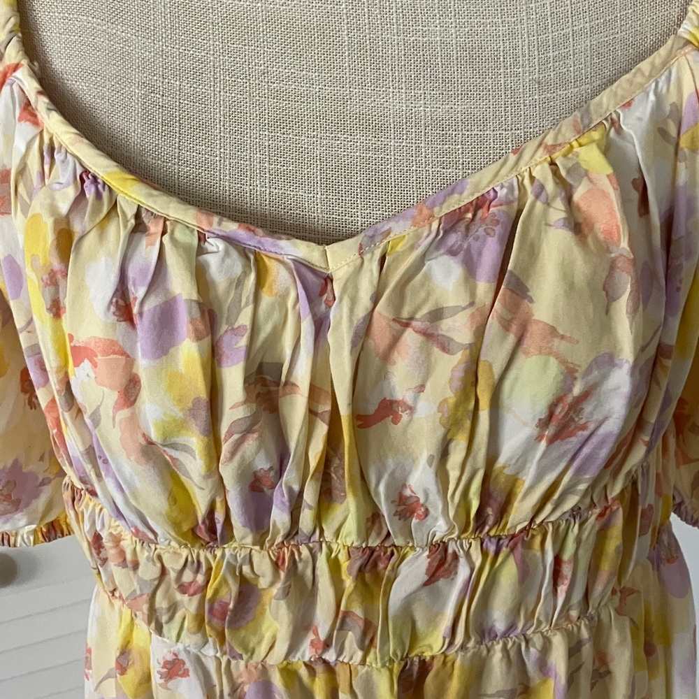 GAP Floral Mini Dress in Light Pink and Yellow Sweetheart neckline puffy sleeves - Picture 5 of 9